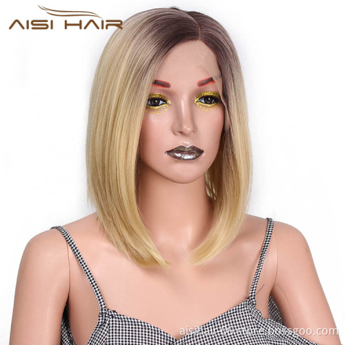 Aisi Hair Short Bob Ombre Blonde Dark Root Wig Silky Straight Front Lace Wig Cosplay Lace Front Hair Wigs For Black White Women
